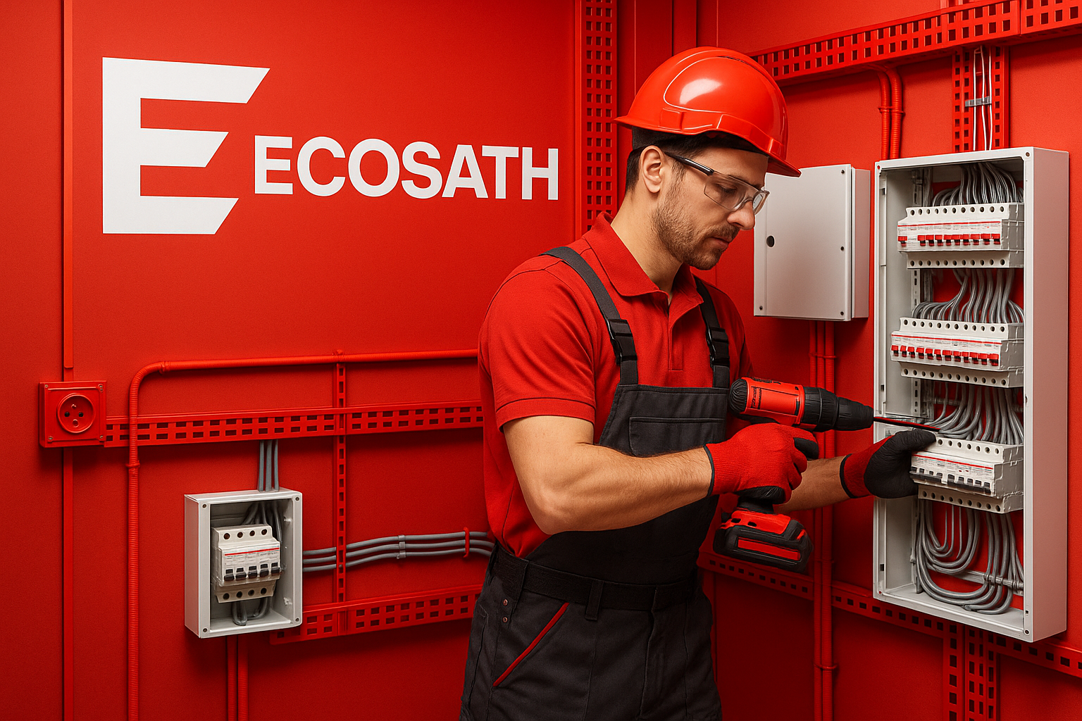 Plutôt devant une cloison avec le logo et le theme rouge Ecosath RAL3020